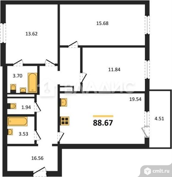 3-комнатная квартира 88,67 кв.м. Фото 13.