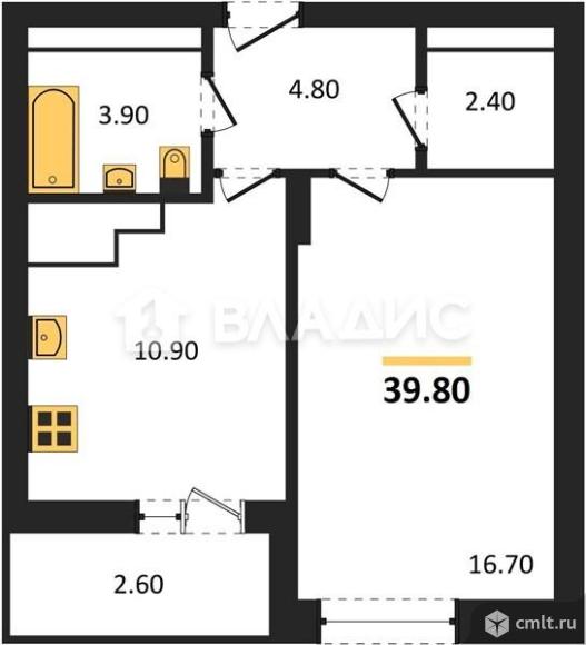 1-комнатная квартира 39,8 кв.м. Фото 13.