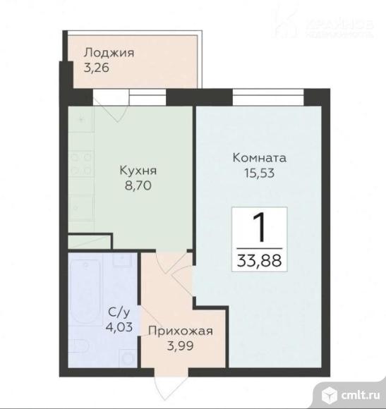 1-комнатная квартира 33,88 кв.м. Фото 1.
