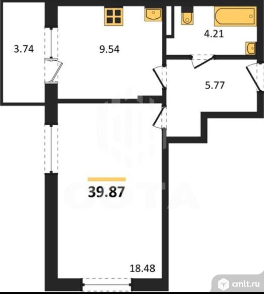 1-комнатная квартира 39,87 кв.м. Фото 1.
