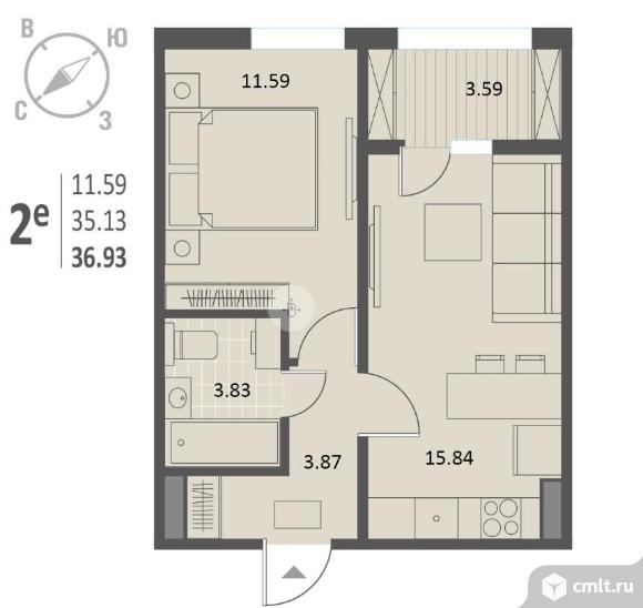 1-комнатная квартира 36,93 кв.м. Фото 1.