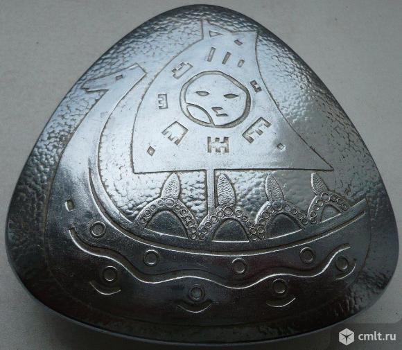 Шкатулка, пудреница, ладья, лодка, парусник, корабль, солнце, СССР, металл, эмаль. Винтаж, ретро.. Фото 1.