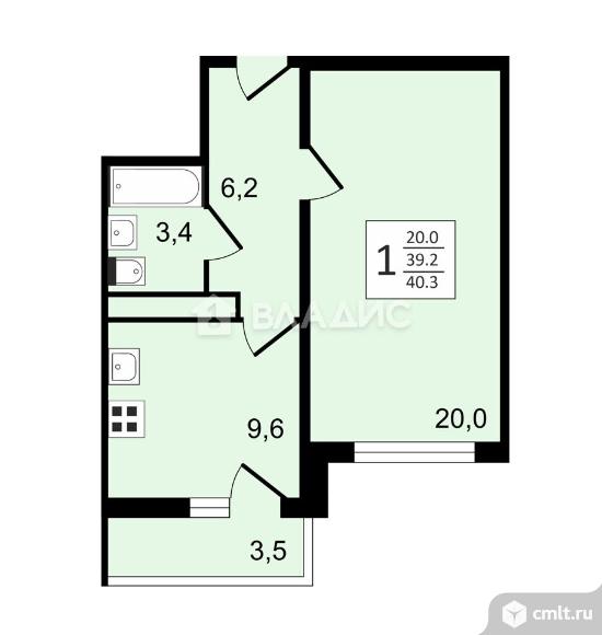 1-комнатная квартира 40,3 кв.м. Фото 1.