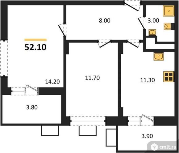 2-комнатная квартира 52,1 кв.м. Фото 10.