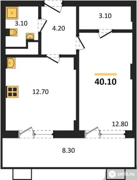 1-комнатная квартира 40,4 кв.м. Фото 3.