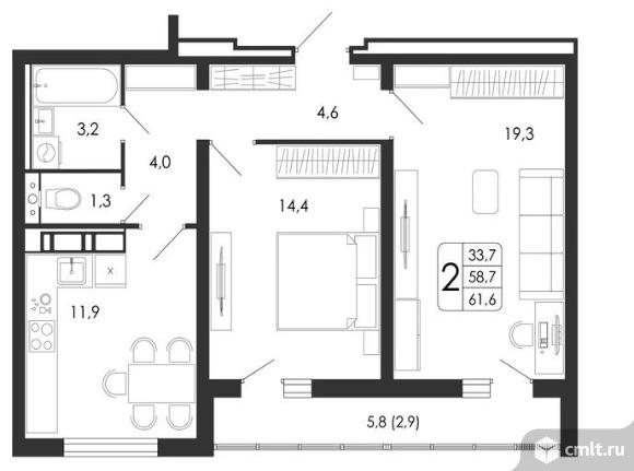 2-комнатная квартира 61,6 кв.м. Фото 5.