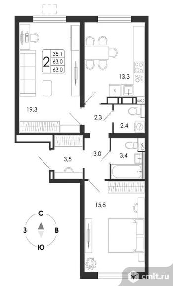 2-комнатная квартира 63 кв.м. Фото 5.