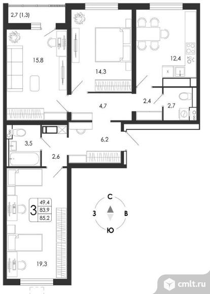 3-комнатная квартира 85,2 кв.м. Фото 5.