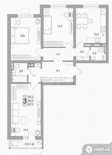 3-комнатная квартира 86,6 кв.м. Фото 1.