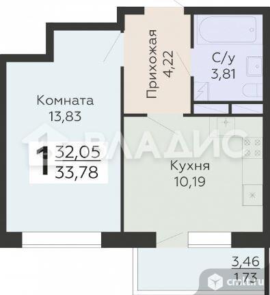 1-комнатная квартира 33,78 кв.м. Фото 11.