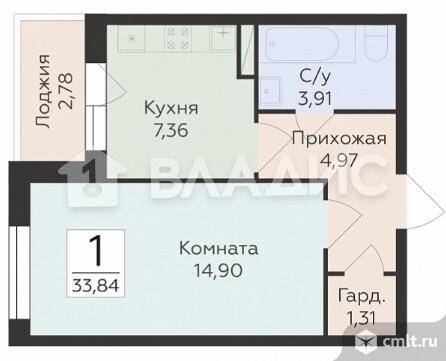 1-комнатная квартира 33,84 кв.м. Фото 2.