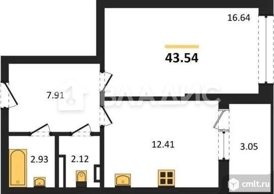 1-комнатная квартира 43,54 кв.м. Фото 8.