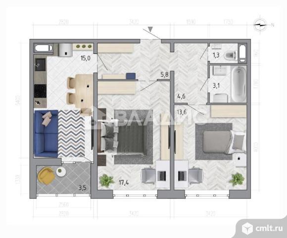 2-комнатная квартира 62,6 кв.м. Фото 6.