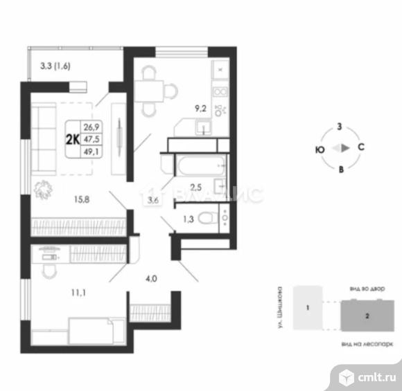 2-комнатная квартира 49,1 кв.м. Фото 7.