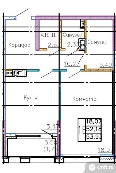 1-комнатная квартира 52 кв.м. Фото 19.