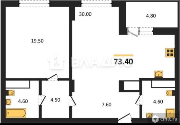 1-комнатная квартира 73,4 кв.м. Фото 3.