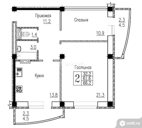 2-комнатная квартира 66,2 кв.м. Фото 10.