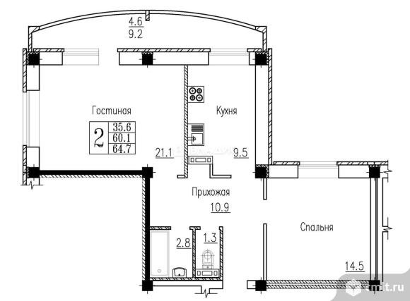 2-комнатная квартира 64,7 кв.м. Фото 17.