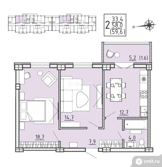 2-комнатная квартира 60,4 кв.м. Фото 18.