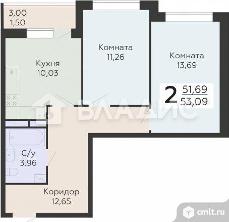 2-комнатная квартира 53,09 кв.м. Фото 12.