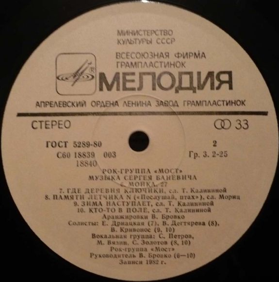 Грампластинка (винил). Рок-группа "Мост". Музыка Сергея Баневича. Записи 1982 г. (c) Мелодия, 1983.. Фото 5.