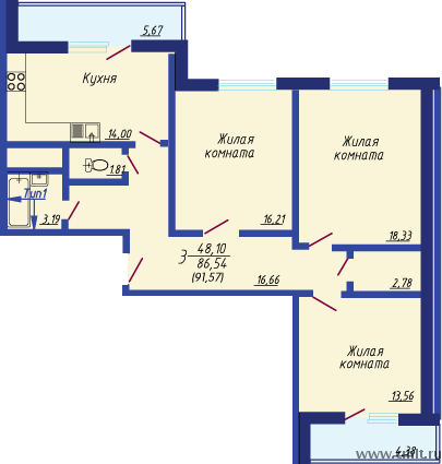 3-комнатная квартира 91,6 кв.м. Фото 1.