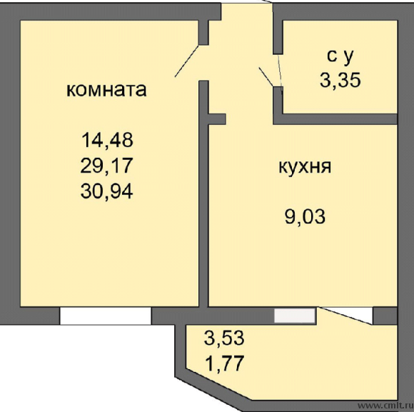 1-комнатная квартира 30,94 кв.м позиция 24. Фото 1.