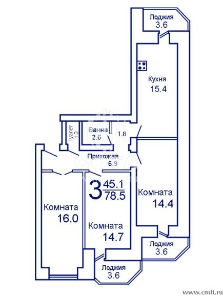 3-комнатная квартира 78 кв.м. Фото 1.